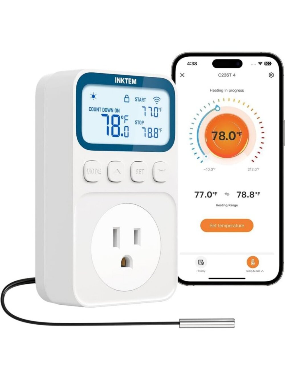 Smart WiFi Temperature Control Outlet with App for Heaters & Freezers, 16A